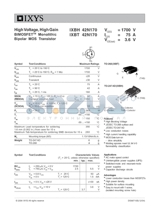 IXBH42N170 datasheet - High Voltage, High Gain BIMOSFETTM Monolithic Bipolar MOS Transistor