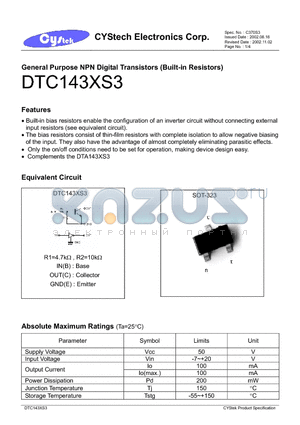 DTA143XS3 datasheet - General Purpose NPN Digital Transistors (Built-in Resistors)
