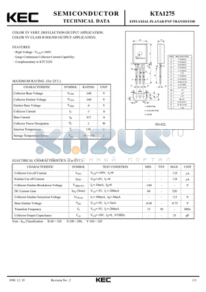 KTA1275 datasheet - EPITAXIAL PLANAR PNP TRANSISTOR