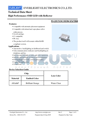 93-21UYOC/S530-XX/TR8 datasheet - High Performance SMD LED with Reflector