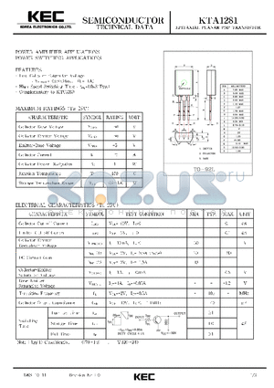 KTA1281 datasheet - EPITAXIAL PLANAR PNP TRANSISTOR (POWER AMPLIFIER, POWER SWITCHING)
