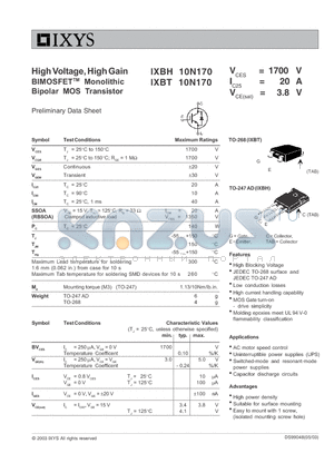 IXBT10N170 datasheet - High Voltage, High Gain BIMOSFET Monolithic Bipolar MOS Transistor