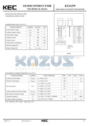 KTA1279 datasheet - EPITAXIAL PLANAR PNP TRANSISTOR (HIGH VOLTAGE, TELEPHONE)