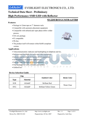 93-22SURSYGC/S530-A3/TR8 datasheet - High Performance SMD LED with Reflector