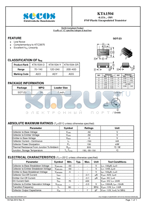 KTA1504 datasheet - -0.15A , -50V PNP Plastic Encapsulated Transistor