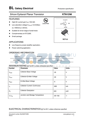 KTA1298 datasheet - Silicon Epitaxial Planar Transistor