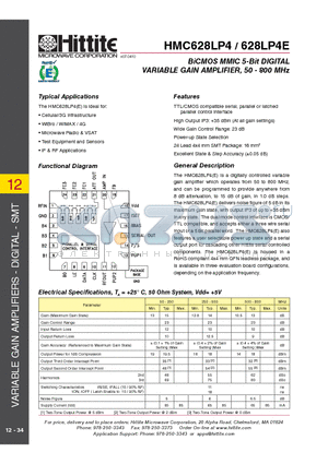 628LP4E datasheet - BiCMOS MMIC 5-Bit DIGITAL VARIABLE GAIN AMPLIFIER, 50 - 800 MHz