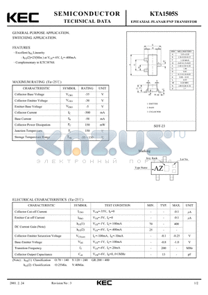 KTA1505S datasheet - EPITAXIAL PLANAR PNP TRANSISTOR