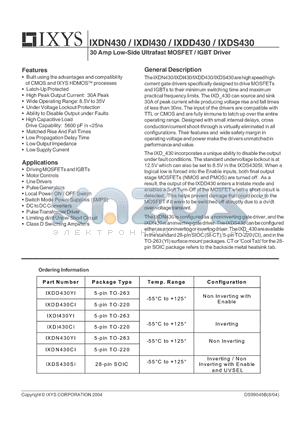 IXDD430 datasheet - 30 Amp Low-Side Ultrafast MOSFET / IGBT Driver