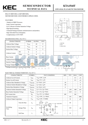 KTA1544T datasheet - RELAY DRIVERS, LAMP DRIVERS, MOTOR DRIVERS AND STROBES APPLICATION.