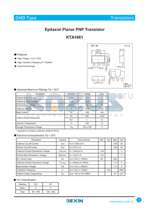 KTA1661 datasheet - Epitaxial Planar PNP Transistor