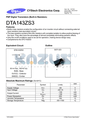 DTA143ZS3 datasheet - PNP Digital Transistors (Built-in Resistors)