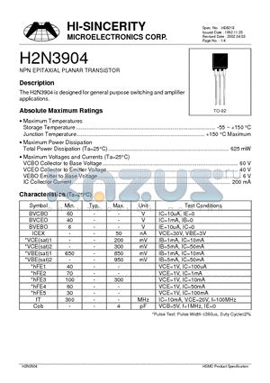 H2N3904 datasheet - PNP EPITAXIAL PLANAR TRANSISTOR
