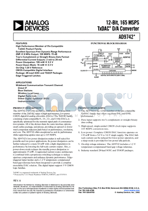 AD9742ARU datasheet - 12-Bit, 165 MSPS TxDAC  D/A Converter