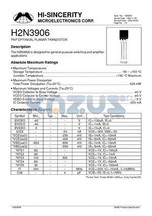 H2N3906 datasheet - PNP EPITAXIAL PLANAR TRANSISTOR