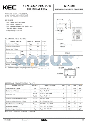 KTA1668 datasheet - EPITAXIAL PLANAR PNP TRANSISTOR (VOLTAGE REGULATOR RELAY LAMP DRIVER, INDUSTRIAL)