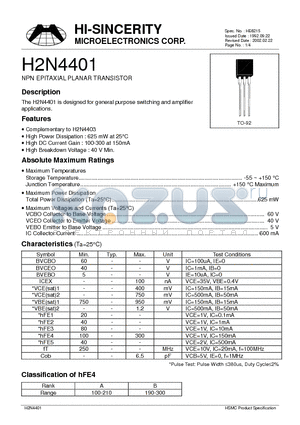 H2N4401 datasheet - NPN EPITAXIAL PLANAR TRANSISTOR