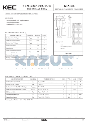 KTA1695 datasheet - EPITAXIAL PLANAR PNP TRANSISTOR (AUDIO AND GRNERAL PURPOSE)