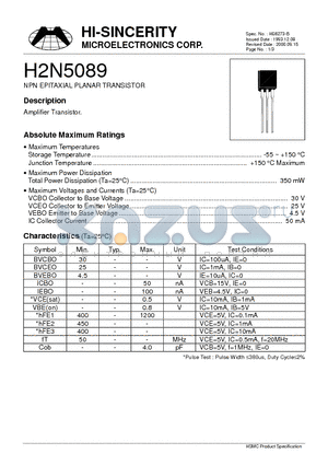 H2N5089 datasheet - NPN EPITAXIAL PLANAR TRANSISTOR