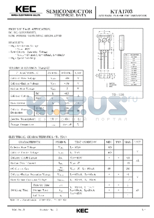 KTA1703 datasheet - EPITAXIAL PLANAR PNP TRANSISTOR (HIGH VOLTAGE, DC-DC CONVERTER, LOW POWER SWITCHING REGULATOR)