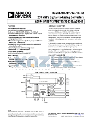 AD9743-EBZ datasheet - Dual 8-/10-/12-/14-/16-Bit 250 MSPS Digital-to-Analog Converters