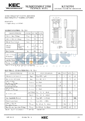 KTA1704 datasheet - EPITAXIAL PLANAR PNP TRANSISTOR (AUDIO FREQUENCY  POWER,HIGH FREQUENCY POWER)