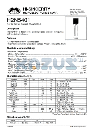 H2N5401 datasheet - PNP EPITAXIAL PLANAR TRANSISTOR