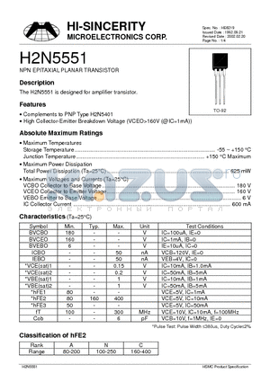 H2N5551 datasheet - NPN EPITAXIAL PLANAR TRANSISTOR
