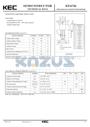 KTA1726 datasheet - EPITAXIAL PLANAR PNP TRANSISTOR (HIGH POWER AMPLIFIER)