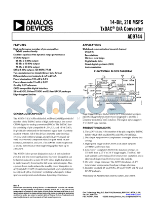 AD9744ARRL datasheet - 14-Bit, 210 MSPS TxDAC^ D/A Converter