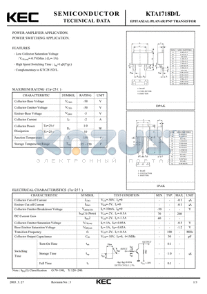KTA1718D datasheet - EPITAXIAL PLANAR PNP TRANSISTOR (POWER AMPLIFIER, POWER SWITCHING)