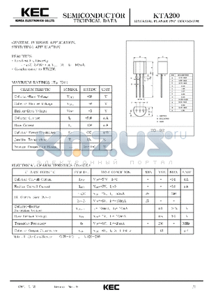 KTA200 datasheet - EPITAXIAL PLANAR PNP TRANSISTOR (GENERAL PURPOSE, SWITCHING)