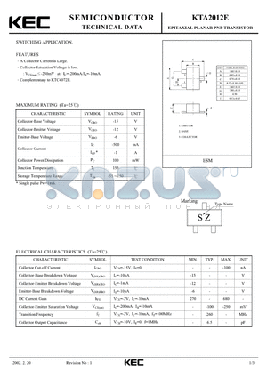 KTA2012 datasheet - EPITAXIAL PLANAR PNP TRANSISTOR (SWITCHING)