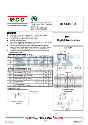 DTA144ECA_11 datasheet - PNP Digital Transistors