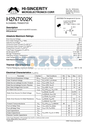 H2N7002K datasheet - N-CHANNEL TRANSISTOR