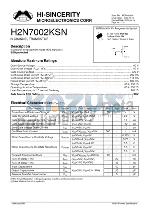 H2N7002KSN datasheet - N-CHANNEL TRANSISTOR