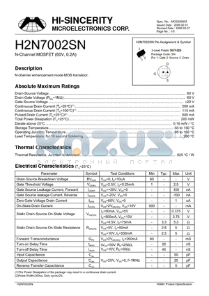 H2N7002SN datasheet - N-Channel MOSFET (60V, 0.2A)