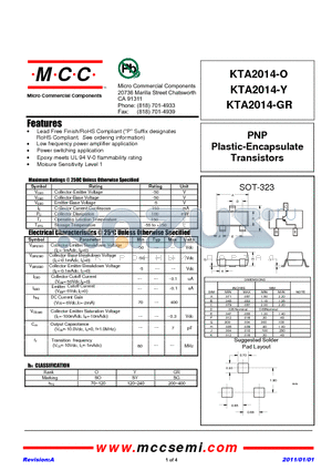 KTA2014-O datasheet - PNP Plastic-Encapsulate Transistors