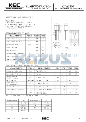 KTA2400 datasheet - EPITAXIAL PLANAR PNP TRANSISTOR (DIFFERENTIAL AMP.)