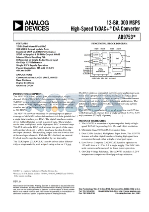 AD9753-EB datasheet - 12-Bit, 300 MSPS High-Speed TxDACD/A Converter