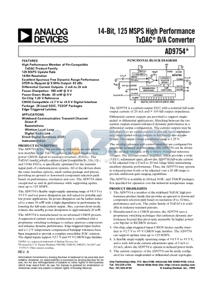 AD9754 datasheet - 14-Bit, 125 MSPS High Performance TxDAC D/A Converter