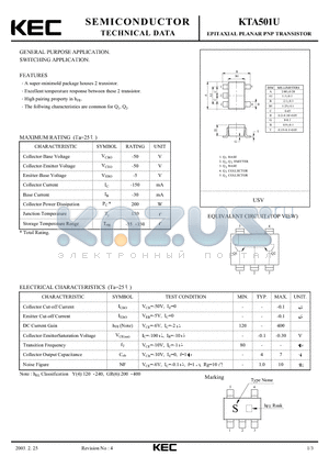 KTA501U datasheet - EPITAXIAL PLANAR PNP TRANSISTOR (GENERAL PURPOSE, SWITCHING)