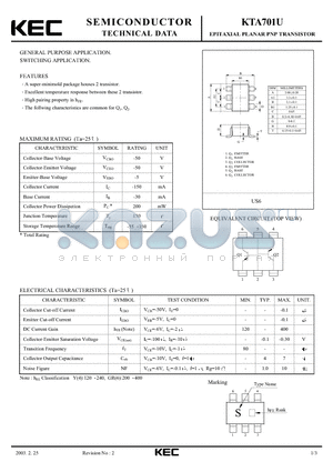 KTA701U datasheet - EPITAXIAL PLANAR PNP TRANSISTOR (GENERAL PURPOSE, SWITCHING)