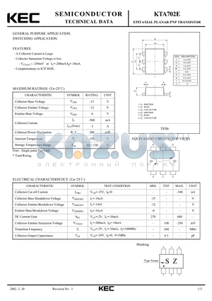 KTA702E datasheet - EPITAXIAL PLANAR NPN TRANSISTOR (GENERAL PURPOSE, SWITCHING)