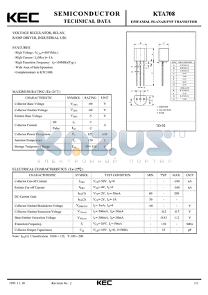 KTA708 datasheet - EPITAXIAL PLANAR PNP TRANSISTOR (VOLTAGE REGULATOR RELAY RAMP DRIVER, INDUSTRIAL USE)