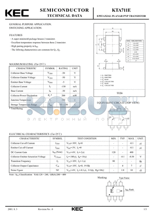 KTA711E datasheet - EPITAXIAL PLANAR PNP TRANSISTOR (GENERAL PURPOSE, SWITCHING)
