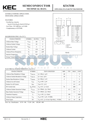 KTA733B datasheet - EPITAXIAL PLANAR PNP TRANSISTOR (GENERAL PURPOSE, SWITCHING)