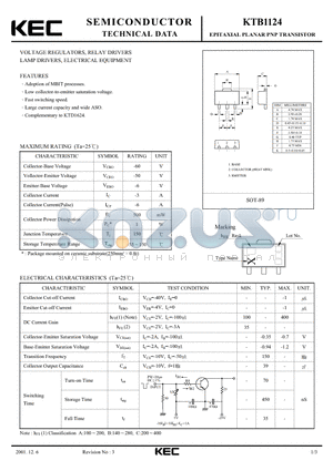 KTB1124 datasheet - EPITAXIAL PLANAR PNP TRANSISTOR (VOLTAGE REGULATOR RELAY LAMP DRIVER, ELECTRICAL EQUIPMENT)