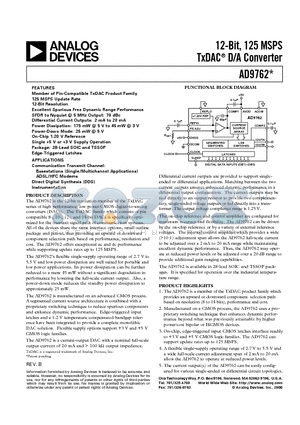 AD9762ARU datasheet - 12-Bit, 125 MSPS TxDAC D/A Converter