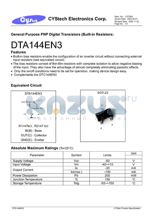 DTA144EN3 datasheet - General Purpose PNP Digital Transistors (Built-in Resistors)